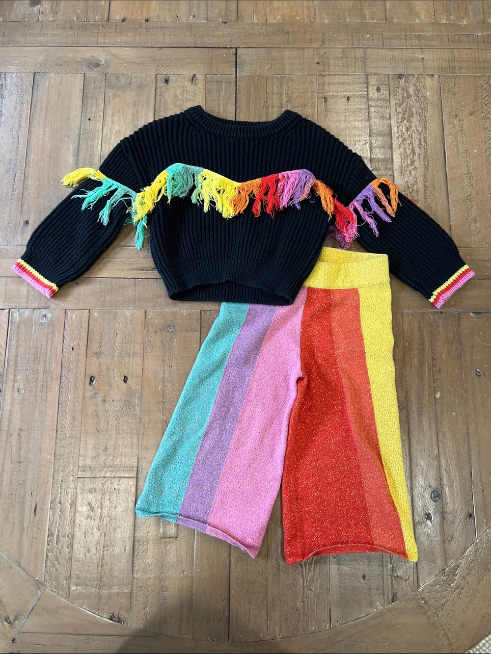 Stella McCartney rainbow tassel knit sweater and rainbow metallic pant set 2T